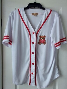 Cult Favorite Los Angeles California Teddy Bear White Baseball Jersey Blouse Lg